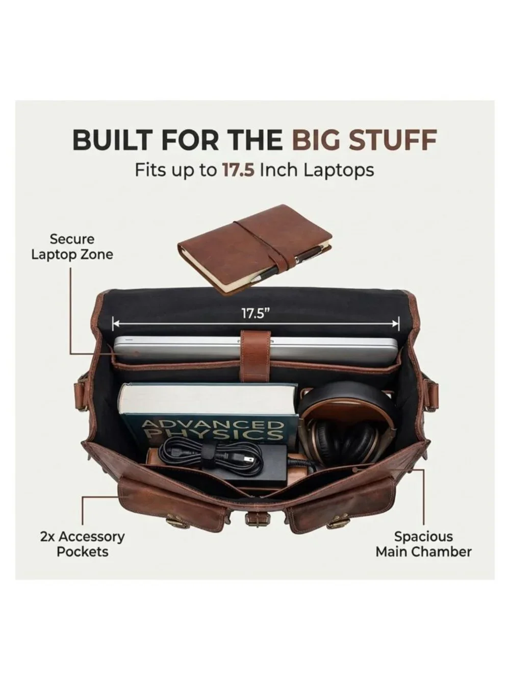 Leather Messenger Bag for Men 18 Inch Laptop Crossbody Handmade Shoulder